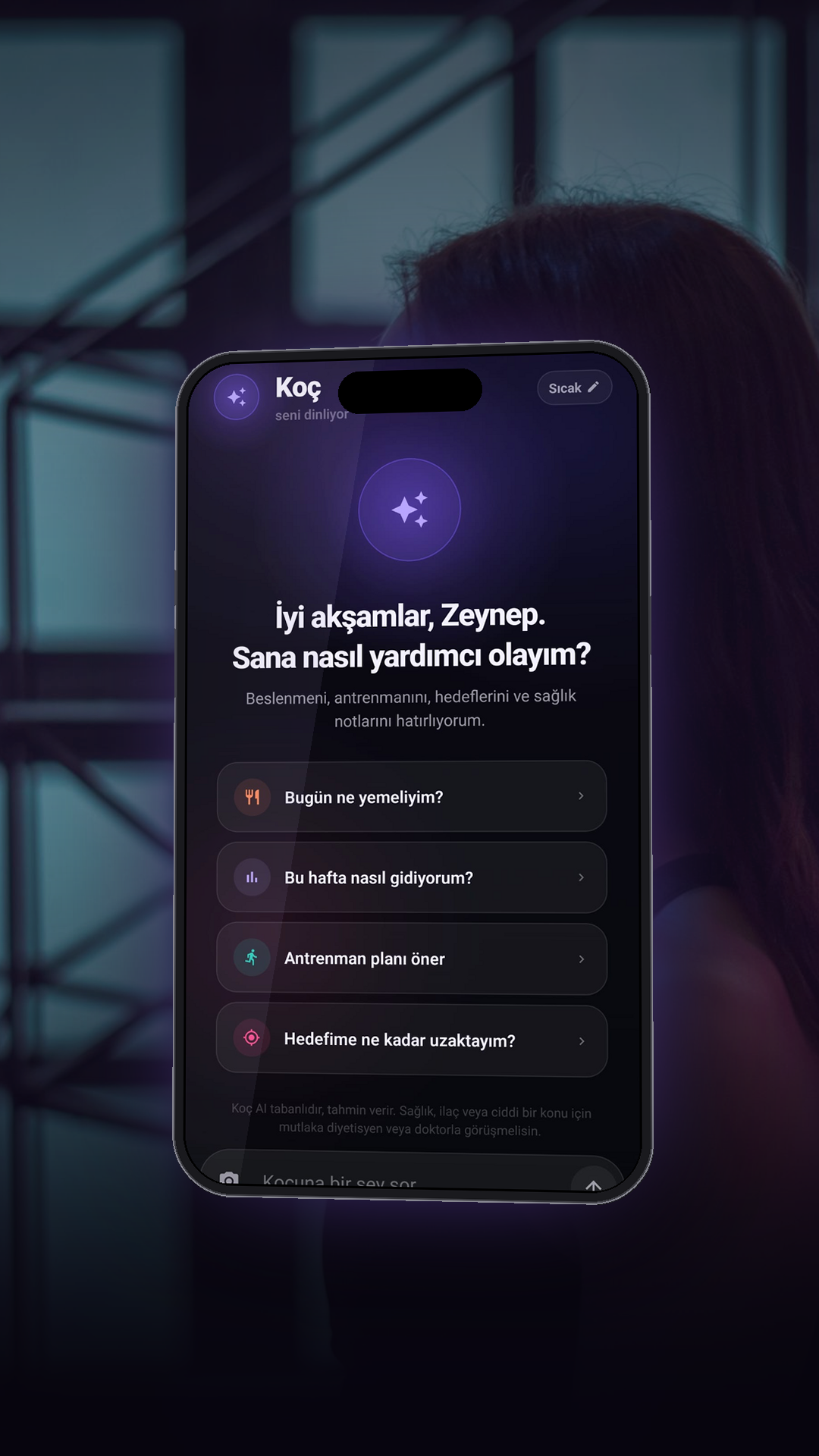 Yargılamayan, seni hatırlayan AI koç — sohbet ekranı